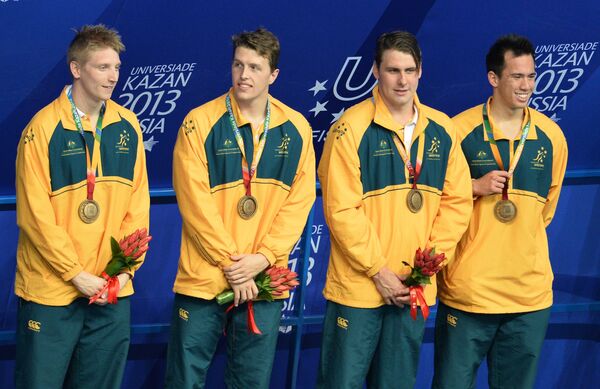 Команда Австралии, завоевавшая медаль на соревнованиях по плаванию в эстафете 4х200 м вольным стилем