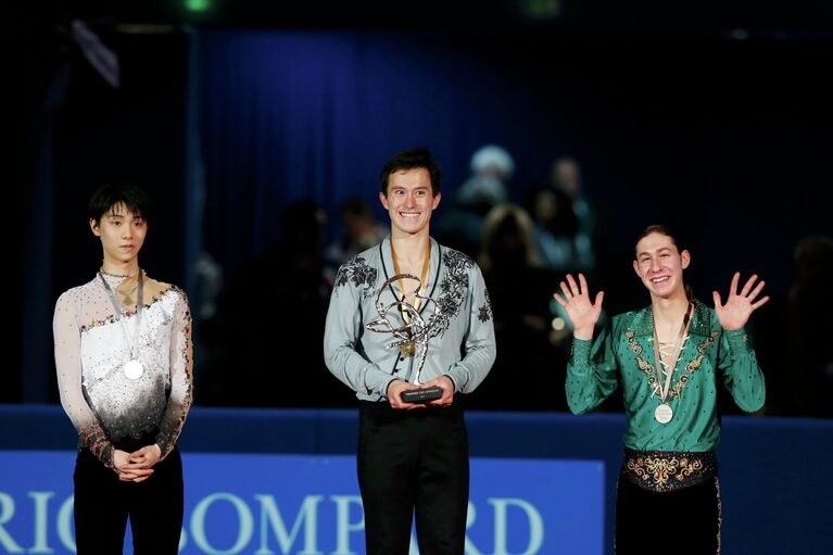 Призеры турнира Trophee Eric Bompard в мужском одиночном катании: Юдзуру Ханью, Патрик Чан и Джейсон Браун (слева направо)