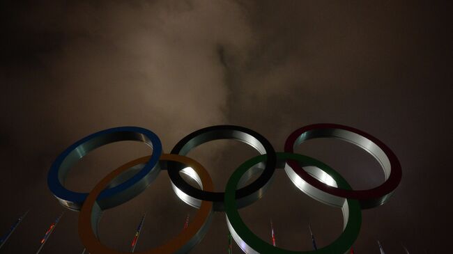 Олимпийские кольца в Олимпийском парке в Сочи.