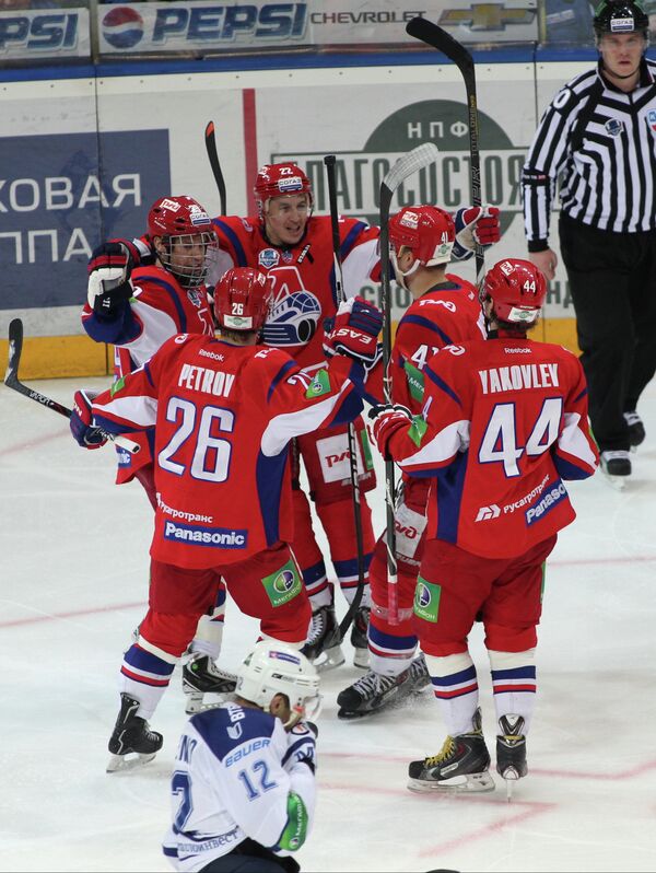 Хоккеисты Локомотива радуются победе над Динамо