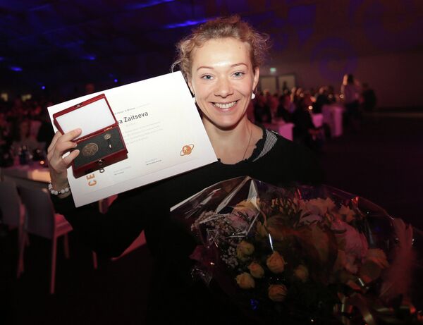 Биатлонистка Ольга Зайцева на торжественной церемонии вручения наград IBU в Осло