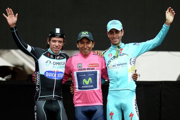 Призеры Джиро д'Италия-2014: Ригоберто Уран, Наиро Кинтана и Фабио Ару (слева направо)