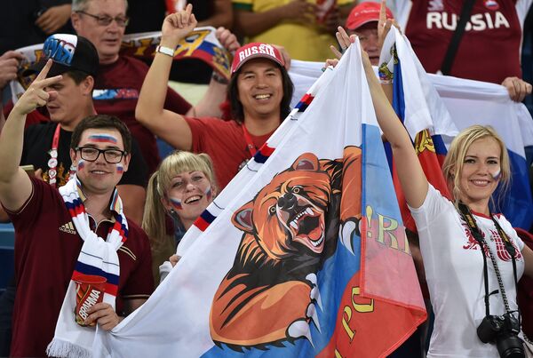 Болельщики сборной России на матче группового этапа чемпионата мира по футболу 2014 между сборными командами России и Южной Кореи.