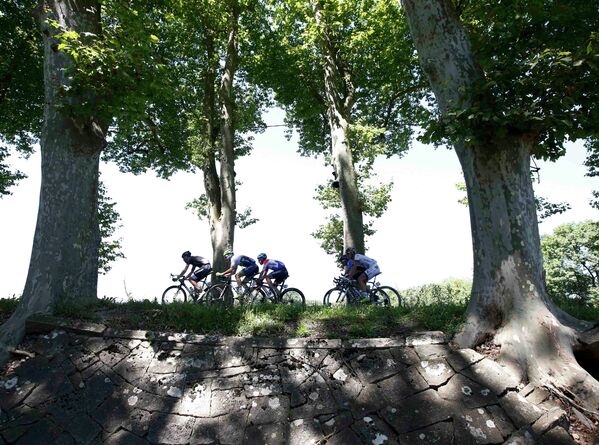 Велогонщики преодолевают участок двенадцатого этапа Тур де Франс между городами Бурк-ан-Брес и Сент-Этьен