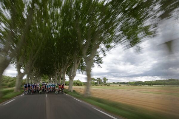 Группа велогонщиков преодолевает участок пятнадцатого этапа Тур де Франс между городами Таллар и Ним