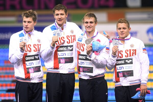Российские спортсмены Александр Красных, Александр Сухоруков, Артем Лобузов и Дмитрий Ермаков (слева направо)