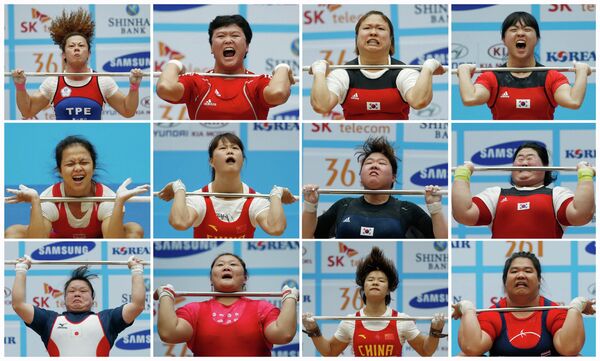 Комбинационная фотография эмоций участниц 17-х Азиатских игр в турнире по тяжелой атлетике