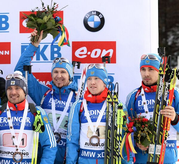 Российские спортсмены Евгений Гараничев, Тимофей Лапшин, Дмитрий Малышко, Антон Шипулин (слева направо)