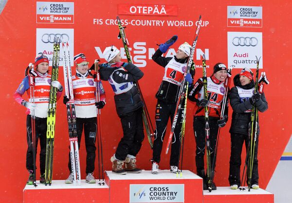 Призеры в женском командном спринте на этапе Кубка мира по лыжным гонкам в Эстонии