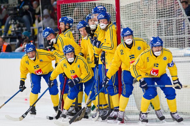 Бендисты сборной Швеции в матче чемпионата мира по хоккею с мячом
