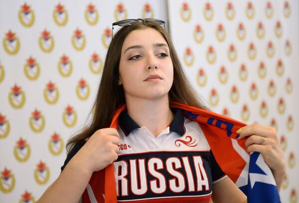 Гимнастка Алия Мустафина на торжественной церемонии встречи сборной России, прибывшей с I Европейских игр