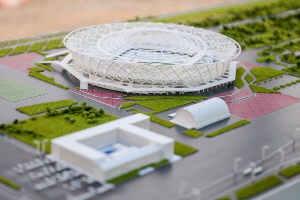 Макет стадиона Победа в Волгограде, который строится для проведения матчей чемпионата мира по футболу 2018 года