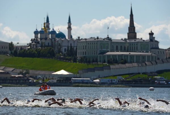 Спортсмены на дистанции 10 км на открытой воде среди мужчин на XVI чемпионате мира по водным видам спорта в Казани