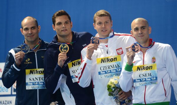 Николас Сантос (Бразилия) - серебряная медаль, Флоран Маноду (Франция) - золотая медаль, Конрад Черняк (Польша)и Ласло Чех (Венгрия) - бронзовые медали (слева направо).