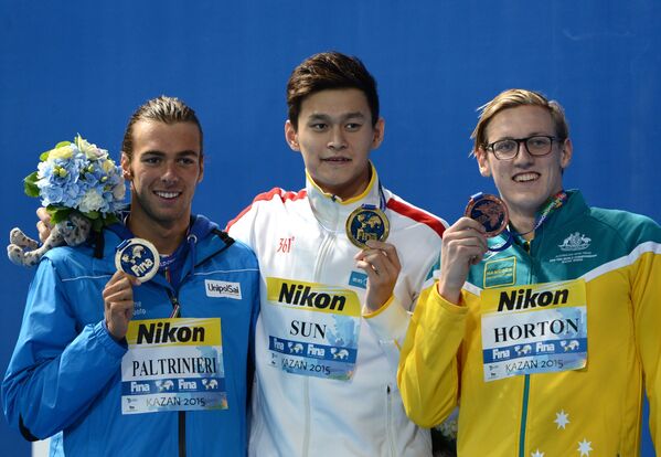 Грегорио Палтриньери (Италия) - серебряная медаль, Сунь Ян (КНР) - золотая медаль, Мэк Хортон (Австралия) - бронзовая медаль (слева направо).