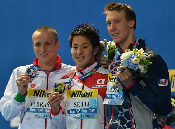 Давид Веррасто (Венгрия), Дайя Сэто (Япония), Чейз Калиш (США) (слева направо)