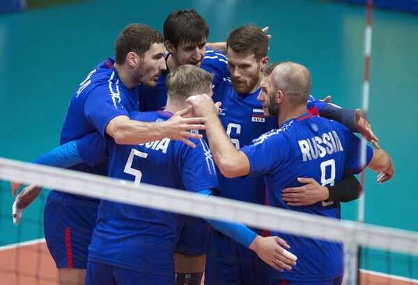 Игроки сборной России в товарищеском матче по волейболу между мужскими командами России и Ирана