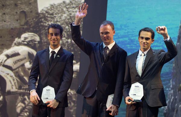Фабио Ару, Крис Фрум и  Альберто Контадор (слева направо)