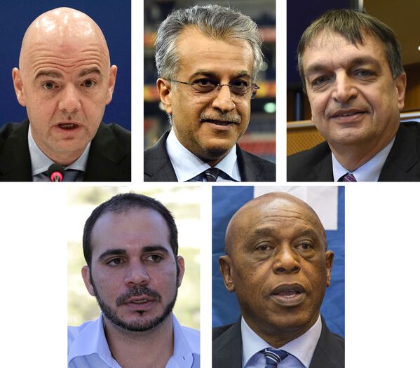 Кандидаты на пост президента ФИФА Джанни Инфантино, шейх Салман бин Ибрагим аль-Халифа, Жером Шампань,  Али бин Аль-Хусейн и Токио Сексвале. Комбинация