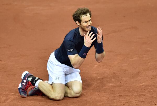 Эмоции британского теннисиста Энди Маррея после победы в матче Кубка Дэвиса против команды Бельгии