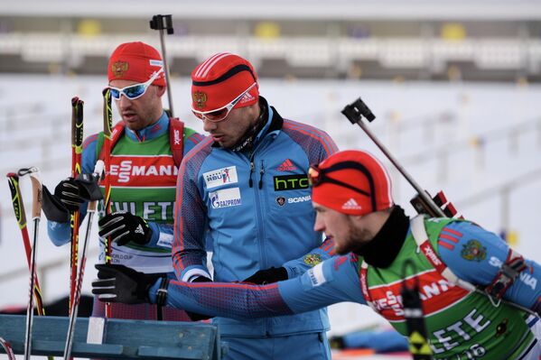 Российские биатлонисты Дмитрий Малышко, Антон Шипулин, Максим Цветков (слева направо)