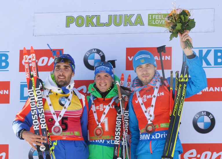 Мартен Фуркад, Симон Шемпп и Антон Шипулин (слева направо)