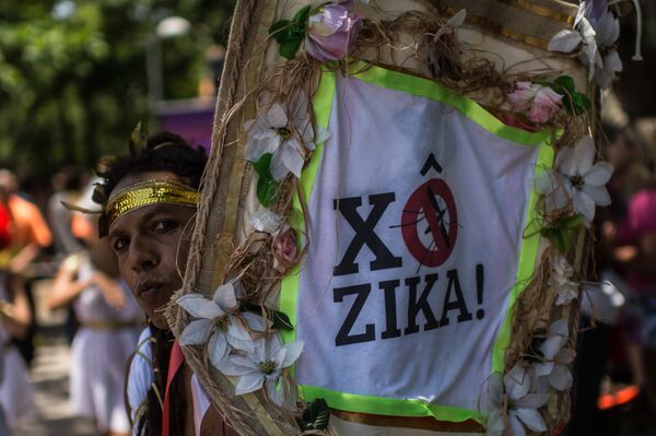 Участник Карнавала в Рио с надписью, призывающей к борьбе с вирусом Зика