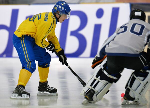 Игрок сборной Швеции по хоккею с мячом Эрик Петтерссон (слева) и вратарь сборной России Денис Рысев