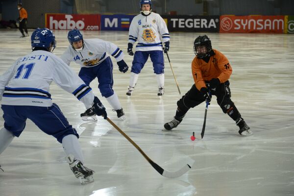 Игровой момент матча ЧМ по хоккею с мячом между командами Эстонии и Нидерландов