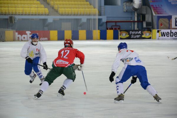 Игровой момент матча ЧМ по по хоккею с мячом между командами Венгрии и Монголии