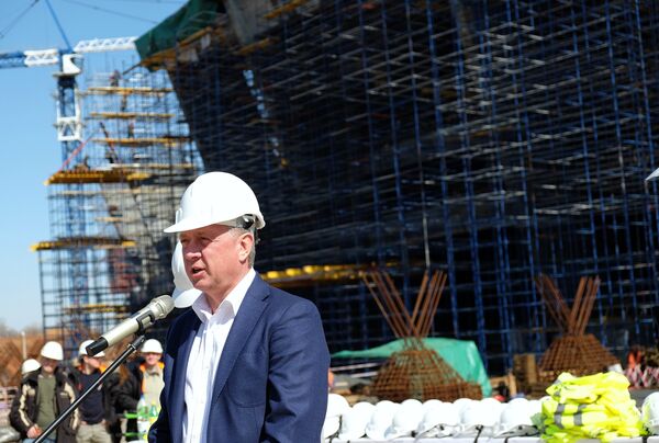 Министр спорта Самарской области Дмитрий Шляхтин у стадиона Самара Арена, строящегося к чемпионату мира по футболу 2018 года