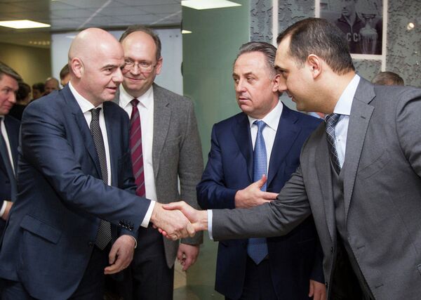 Джанни Инфантино, Виталий Мутко и Эмиль Алиев (слева направо)