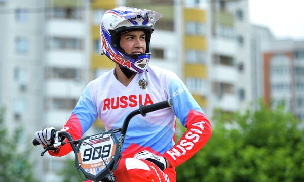Спортсмен сборной России по велоспорту в дисциплине BMX Александр Катышев во время тренировки