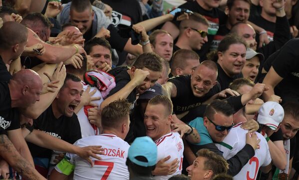 Венгерские болельщики поздравляют игроков сборной Венгрии с забитым мячом