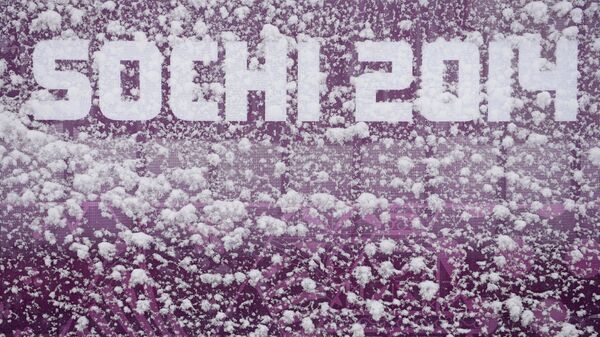 Логотип XXII Олимпийских зимних игр в Сочи на территории лыжно-биатлонного комплекса Лаура в Красной Поляне.