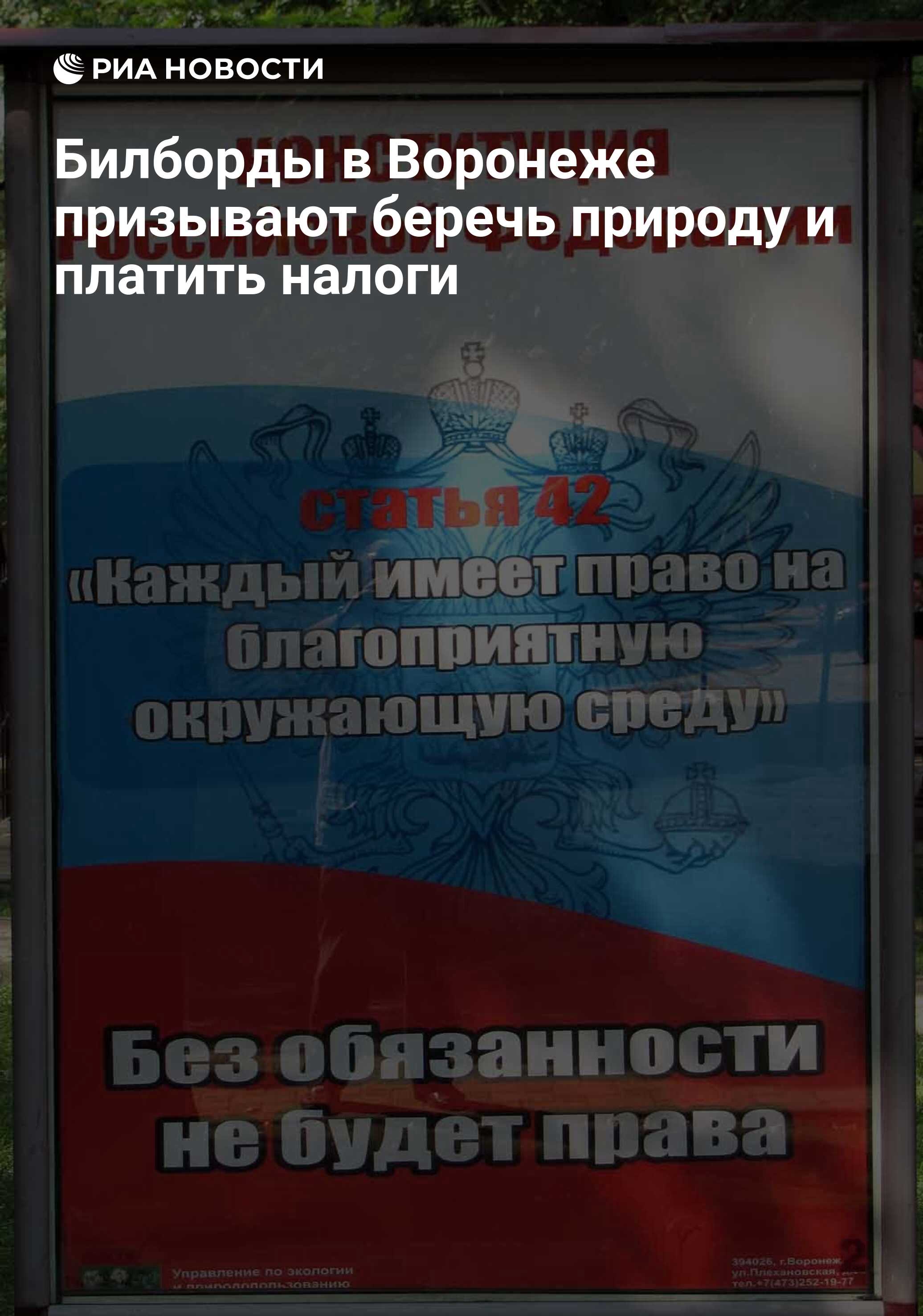 Билборды в Воронеже призывают беречь природу и платить налоги - РИА  Новости, 09.08.2011